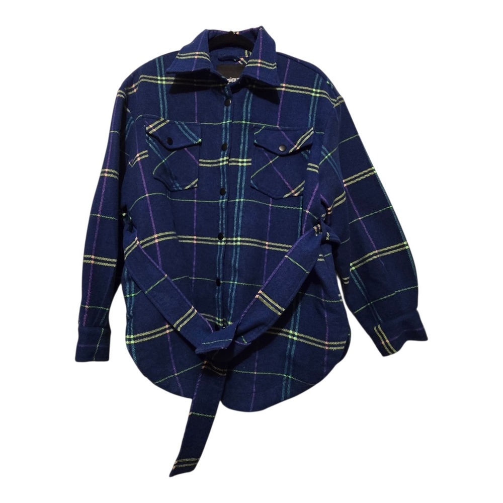 Desigual‎ NWOT Plaid Wool Blend Shacket Women's XL Blue Heavy Belted  Snap Warm